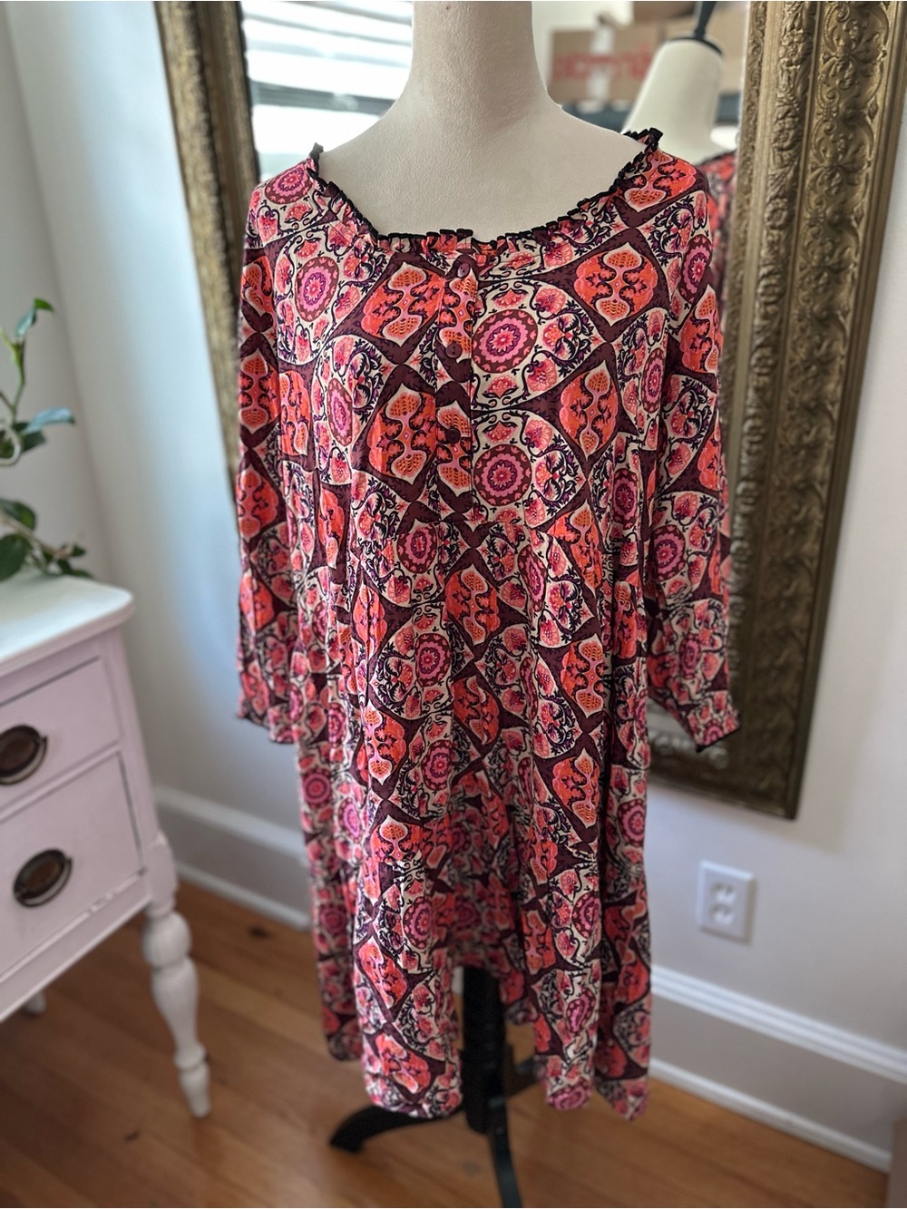 Natural Life dress midi boho cottagecore ruffle shift floral 3/4 sleeve tiered
